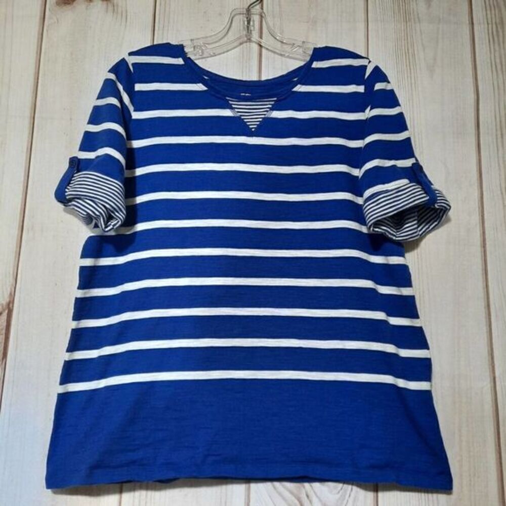 ALLISON DALEY Women Blue White Stripe V Neck Roll Tab Sleeve Tunic Top